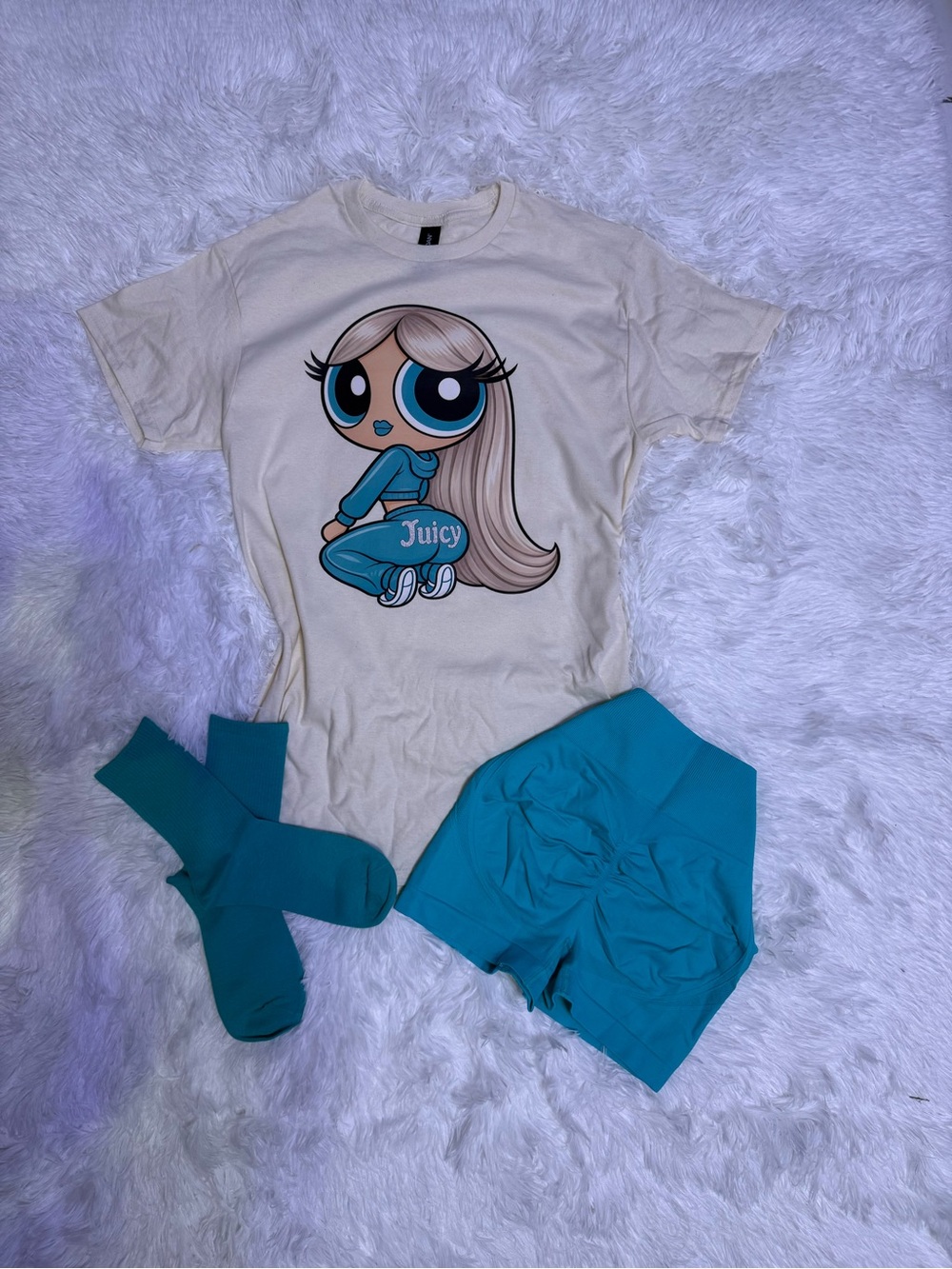 Juicy Couture Cream Bodysuit with Teal Cartoon Graphic and Teal Accessories